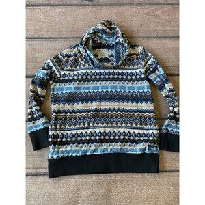 KAVU Funnel Neck Hoodie Aztec Print Fleece Pullover Sweatshirt Women's Size M